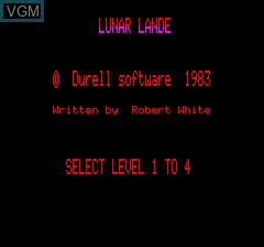 Title screen of the game Lunar Lander on Tangerine Computer Systems Oric