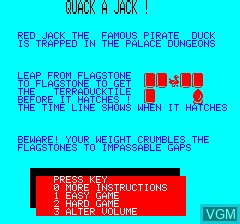 Menu screen of the game Quack on Tangerine Computer Systems Oric