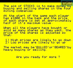 Menu screen of the game Stockmarket on Tangerine Computer Systems Oric