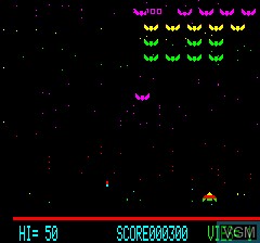 In-game screen of the game Galaxians on Tangerine Computer Systems Oric
