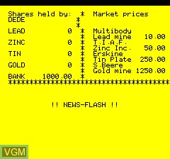 In-game screen of the game Stockmarket on Tangerine Computer Systems Oric