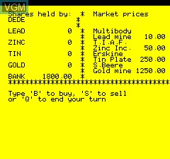 In-game screen of the game Stockmarket on Tangerine Computer Systems Oric