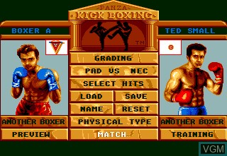 Menu screen of the game Kick Boxing, The on NEC PC Engine CD