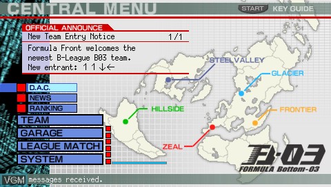 Menu screen of the game Armored Core - Formula Front on Sony PSP