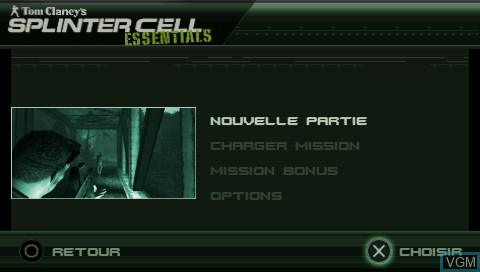 Menu screen of the game Tom Clancy's Splinter Cell Essentials on Sony PSP