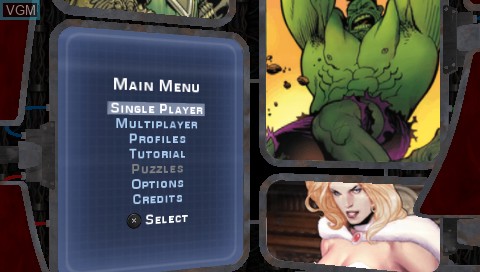 Menu screen of the game Marvel Trading Card Game on Sony PSP