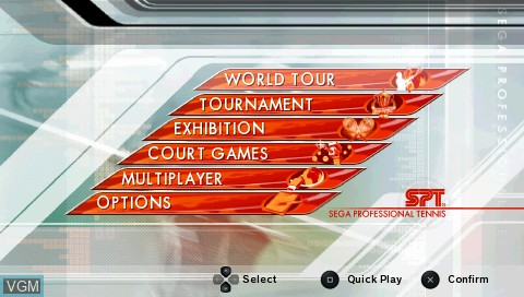 Menu screen of the game Virtua Tennis 3 on Sony PSP