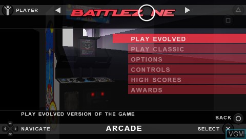 Menu screen of the game Atari Classics Evolved on Sony PSP