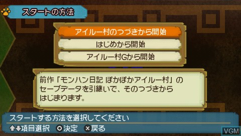 Menu screen of the game MonHun Nikki - Poka Poka Ailu Mura G on Sony PSP