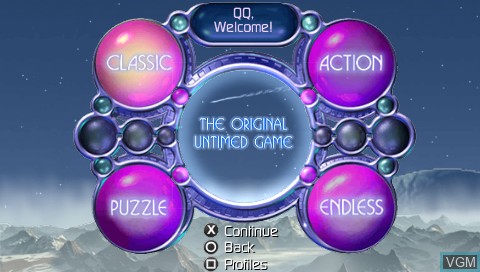Menu screen of the game Bejeweled 2 on Sony PSP