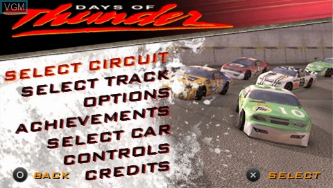 Menu screen of the game Days of Thunder on Sony PSP