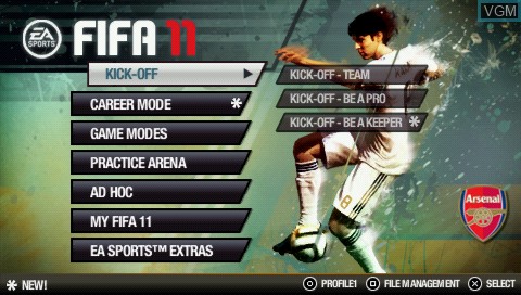 Menu screen of the game FIFA 11 on Sony PSP
