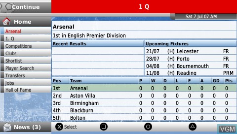 Menu screen of the game Football Manager Handheld 2008 on Sony PSP