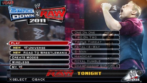 Menu screen of the game WWE SmackDown vs. Raw 2011 on Sony PSP