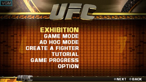 Menu screen of the game UFC Undisputed 2010 on Sony PSP