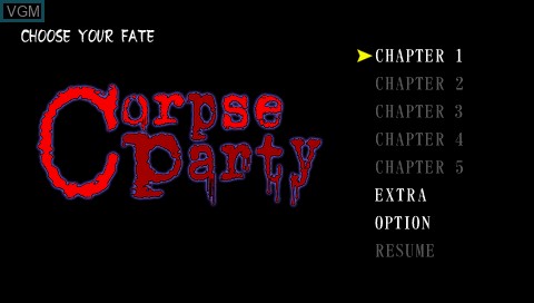 Menu screen of the game Corpse Party on Sony PSP