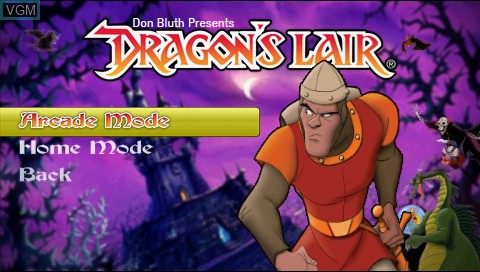 Menu screen of the game Dragon's Lair on Sony PSP