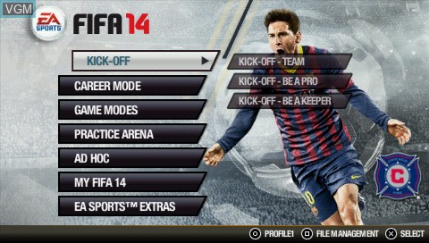 Menu screen of the game FIFA 14 on Sony PSP