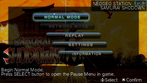 Menu screen of the game Samurai Shodown on Sony PSP
