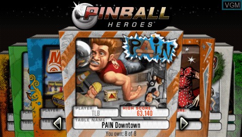 Menu screen of the game Pinball Heroes on Sony PSP