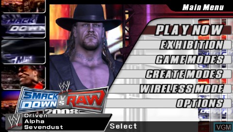 Menu screen of the game WWE SmackDown vs. Raw 2008 on Sony PSP