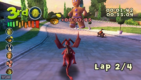 In-game screen of the game Shrek Smash n' Crash Racing on Sony PSP