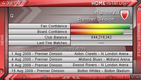 In-game screen of the game This is Football Management on Sony PSP