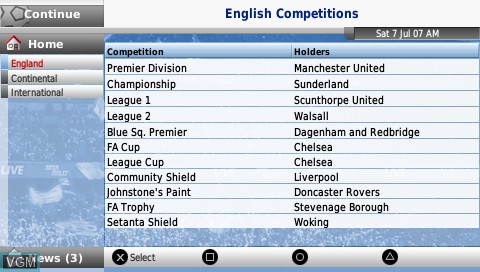 In-game screen of the game Football Manager Handheld 2008 on Sony PSP