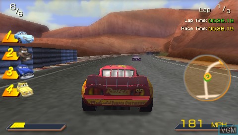 In-game screen of the game Double Pack - Cars + Cars - Race-O-Rama on Sony PSP