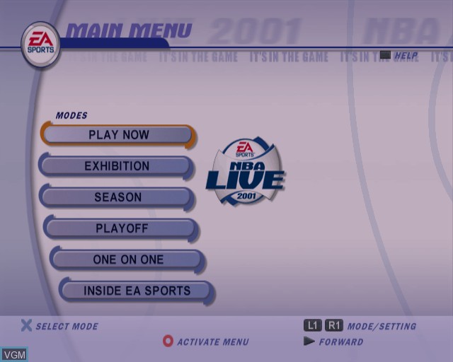Title screen of the game NBA Live 2001 on Sony Playstation 2
