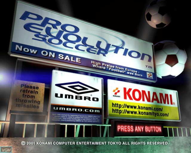 Title screen of the game Pro Evolution Soccer on Sony Playstation 2