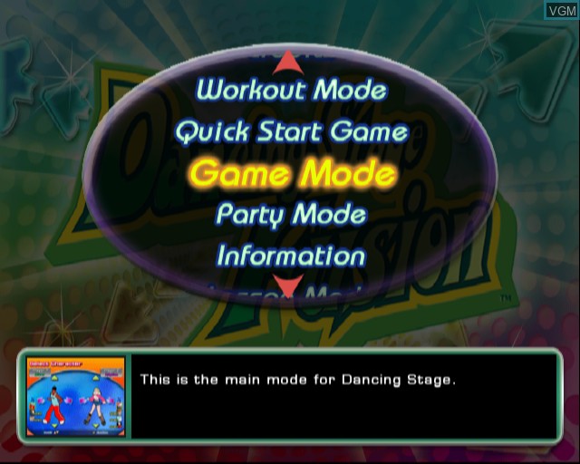 Menu screen of the game Dancing Stage Fusion on Sony Playstation 2