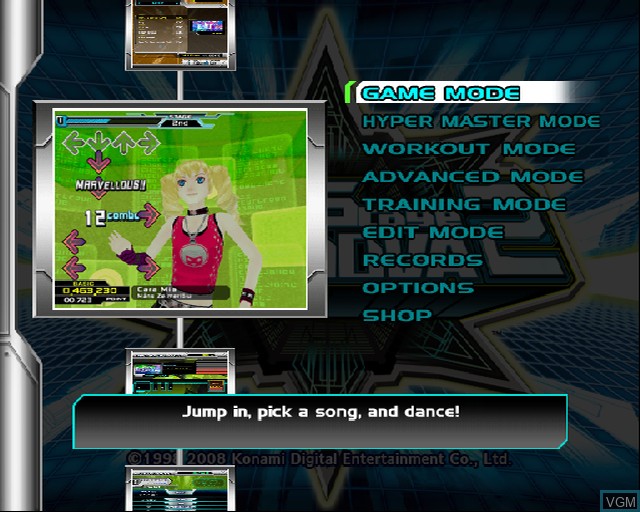 Menu screen of the game Dancing Stage SuperNova 2 on Sony Playstation 2