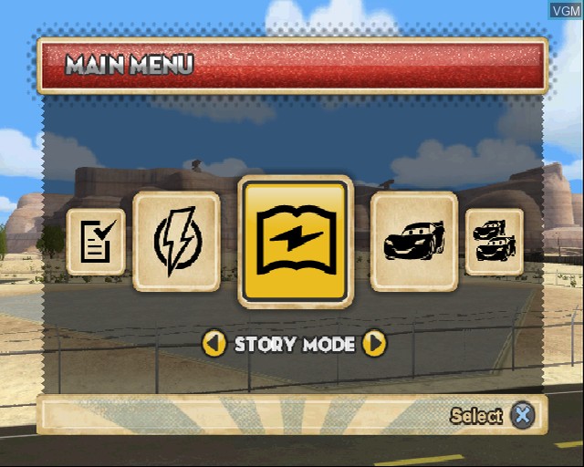 Menu screen of the game Cars Mater-National Championship on Sony Playstation 2