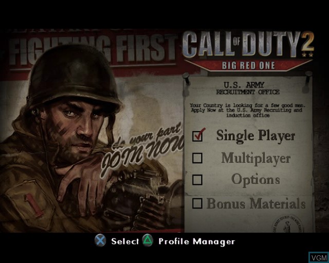 Menu screen of the game Call of Duty 2 - Big Red One on Sony Playstation 2