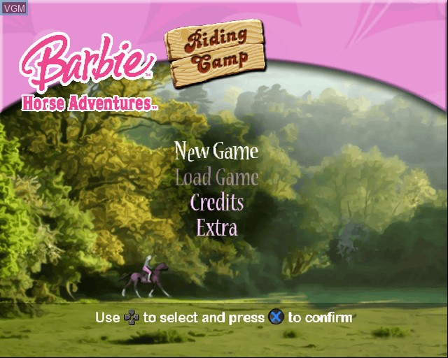 Menu screen of the game Barbie Horse Adventures - Riding Camp on Sony Playstation 2