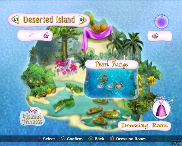 Menu screen of the game Barbie as The Island Princess on Sony Playstation 2
