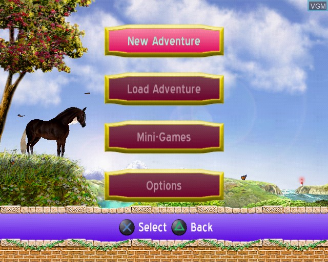 Menu screen of the game Barbie Horse Adventures - Wild Horse Rescue on Sony Playstation 2