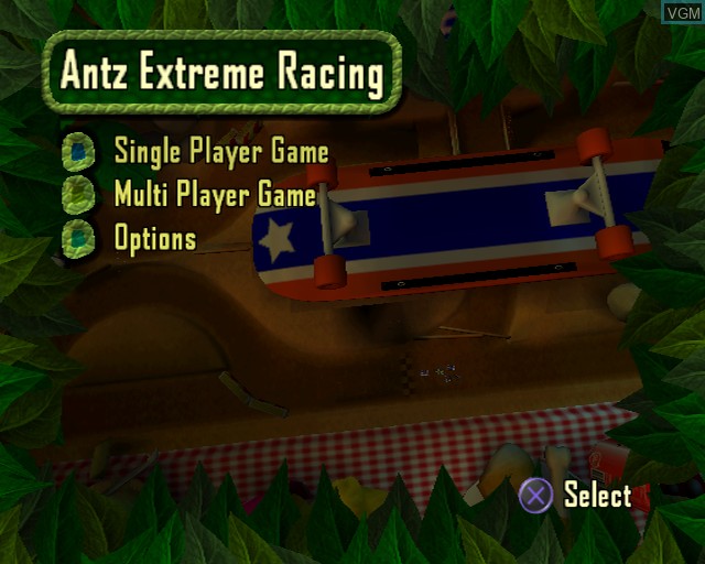Menu screen of the game Antz Extreme Racing on Sony Playstation 2