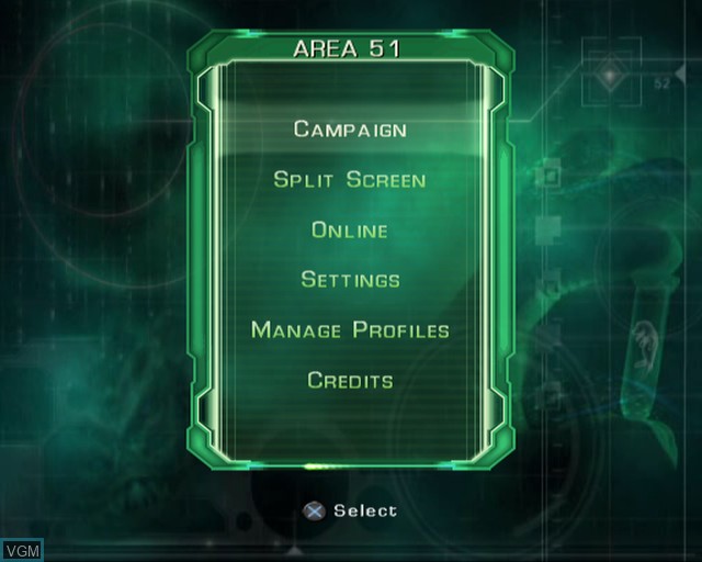 Menu screen of the game Area 51 on Sony Playstation 2