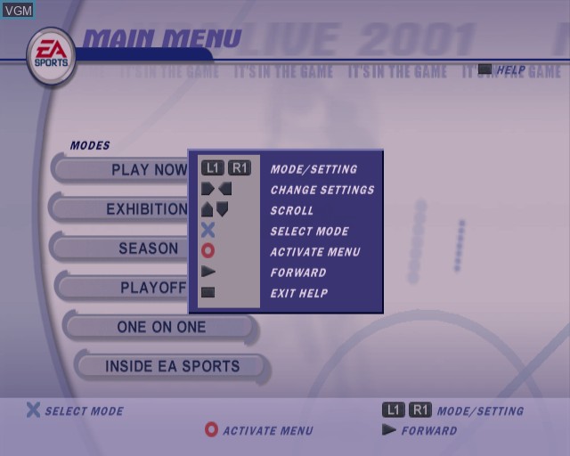 Menu screen of the game NBA Live 2001 on Sony Playstation 2