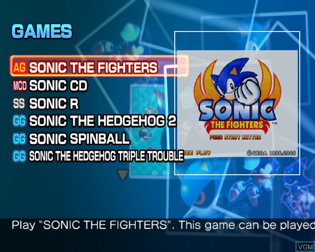 Menu screen of the game Sonic Gems Collection on Sony Playstation 2