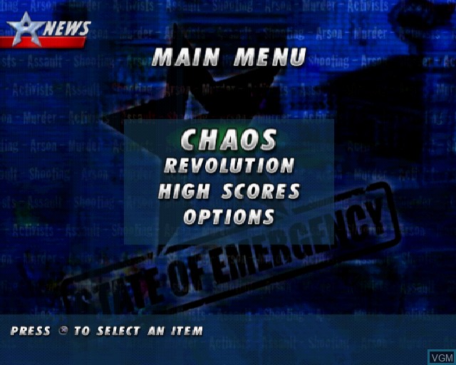 Menu screen of the game State of Emergency on Sony Playstation 2
