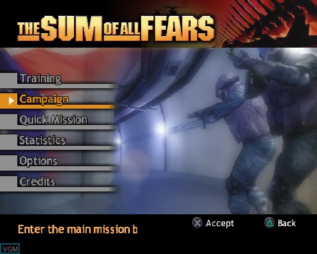 Menu screen of the game Sum of All Fears, The on Sony Playstation 2