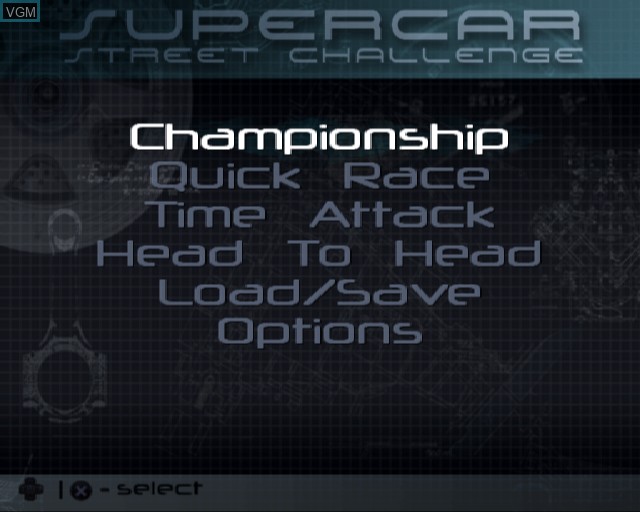 Menu screen of the game Supercar Street Challenge on Sony Playstation 2