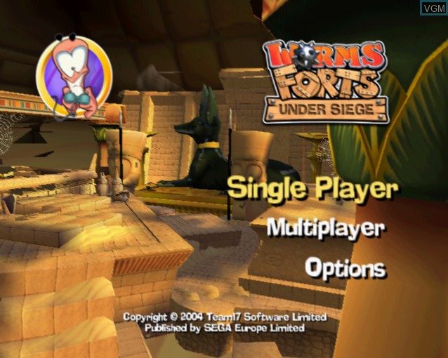 Menu screen of the game Worms Forts - Under Siege on Sony Playstation 2