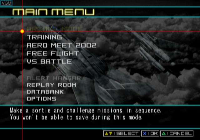 Menu screen of the game Aero Elite - Combat Academy on Sony Playstation 2