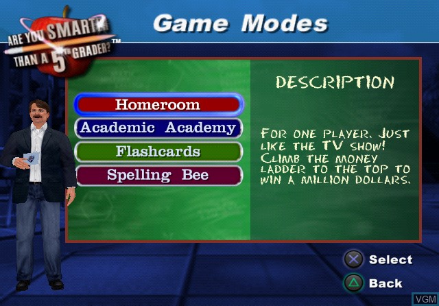 Menu screen of the game Are You Smarter Than a 5th Grader? Make the Grade on Sony Playstation 2