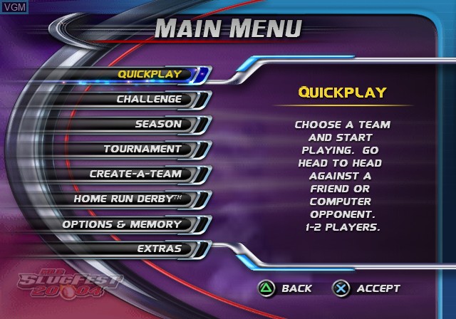 Menu screen of the game MLB SlugFest 20-04 on Sony Playstation 2