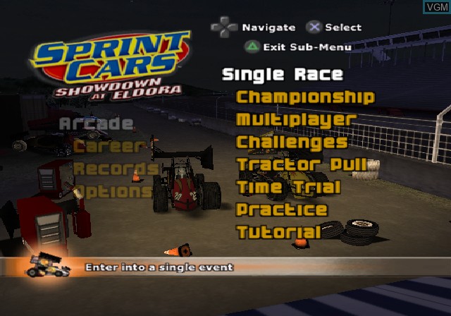Menu screen of the game Sprint Cars 2 - Showdown at Eldora on Sony Playstation 2